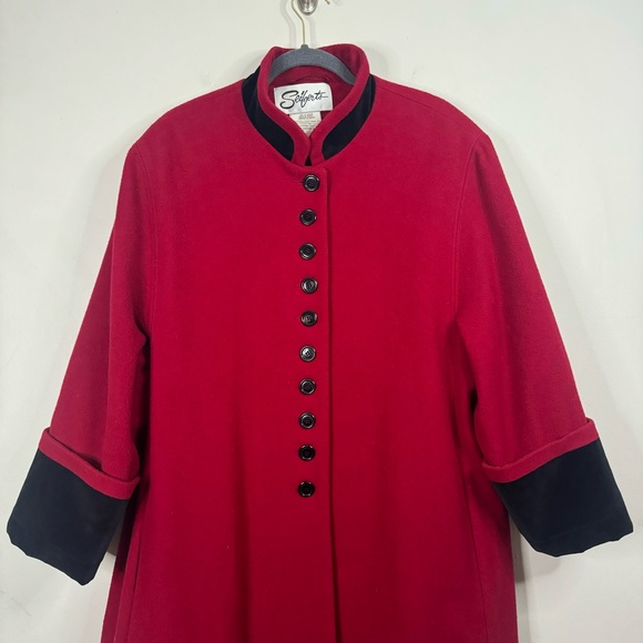 Vintage Sieberts Red/Black Trim Long Wool Flared Swing Coat Woman's Size 16 - Picture 2 of 15